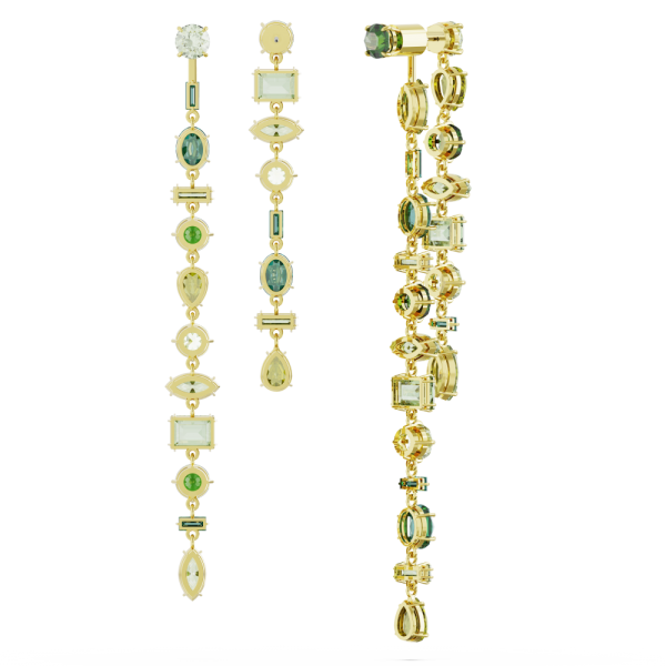 Brincos Swarovski Compridos Gema, Design Assimétrico, Combinação de Lapidações, Extra Compridos, Verde, Lacado a Dourado