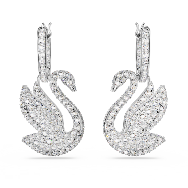 Brincos Swarovski Compridos Iconic Swan, Cisne, Branco, Lacado a Ródio